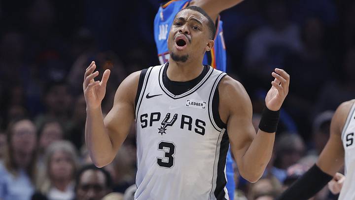 Jan 13, 2026; Oklahoma City, Oklahoma, USA; San Antonio Spurs forward/guard Keldon Johnson (3) reacts after an official makes a call against him after a play against the Oklahoma City Thunder during the second quarter at Paycom Center. Mandatory Credit: Alonzo Adams-Imagn Images