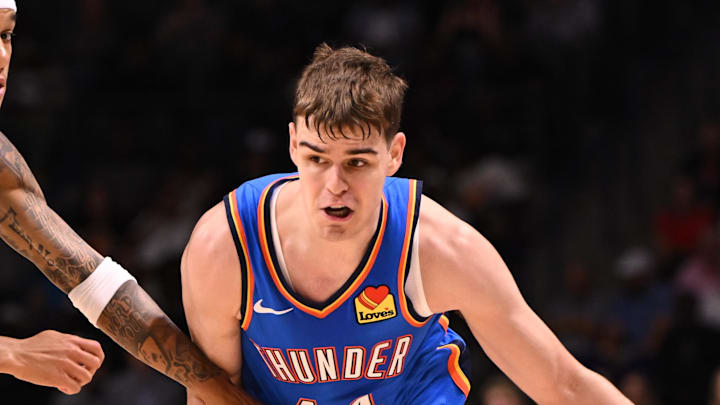 Oct 5, 2025; North Charleston, South Carolina, USA; Oklahoma City Thunder guard Nikola Topic (44) drives up the court against the Charlotte Hornets in the first quarter at North Charleston Coliseum. Mandatory Credit: Arthur Ellis-Imagn Images Oct 5, 2025; North Charleston, South Carolina, USA; Oklahoma City Thunder guard Nikola Topic (44) drives up the court against the Charlotte Hornets in the first quarter at North Charleston Coliseum. Mandatory Credit: Arthur Ellis-Imagn Images