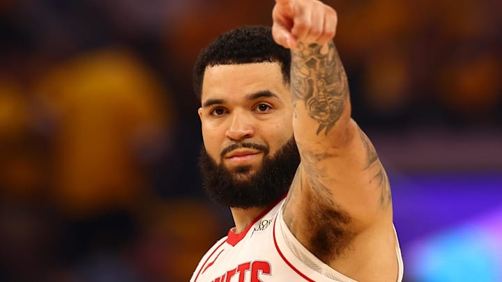 Apr 28, 2025; San Francisco, California, USA; Houston Rockets guard Fred VanVleet (5) points during the first quarter of game four of the 2025 NBA Playoffs first round against the Golden State Warriors at Chase Center. Mandatory Credit: Kelley L Cox-Imagn Images