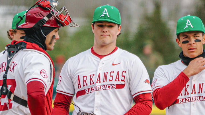 Arkansas Razorbacks pitcher Mark Brissey on the mound during early struggles against Northern Colorado.