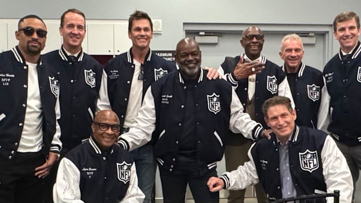 Jalen Hurts (left) was among previous Super Bowl MVPs introduced as Elite Legends of the Game in a ceremony before Super Bowl LX kicked off.