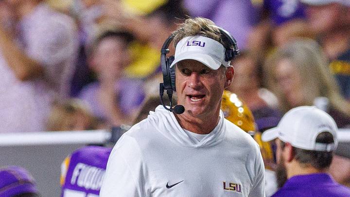 LSU Tigers head coach Lane Kiffin looks on against the McNeese Cowboys during the first half at Tiger Stadium.