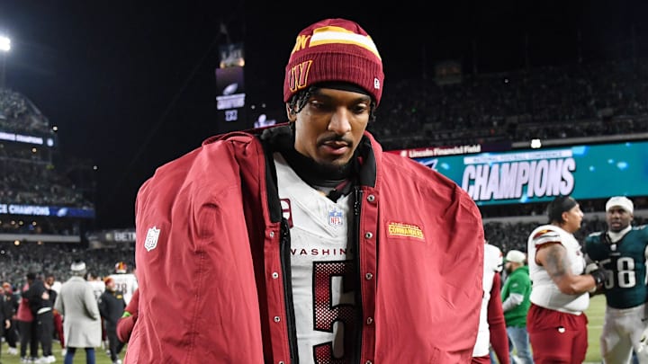 Washington Commanders quarterback Jayden Daniels (5) walks off the field after losing the NFC Championship game against the Philadelphia Eagles at Lincoln Financial Field. Mandatory Credit: Eric Hartline-Imagn Images