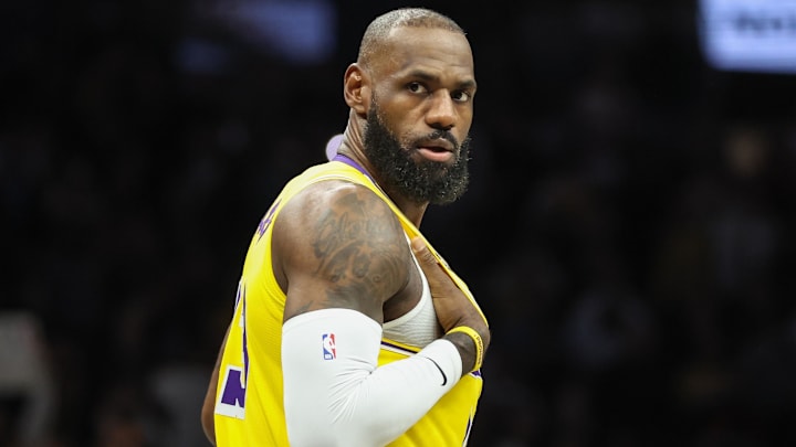 Feb 3, 2026; Brooklyn, New York, USA;  Los Angeles Lakers forward LeBron James (23) checks back into the game in the first quarter against the Brooklyn Nets at Barclays Center. Mandatory Credit: Wendell Cruz-Imagn Images