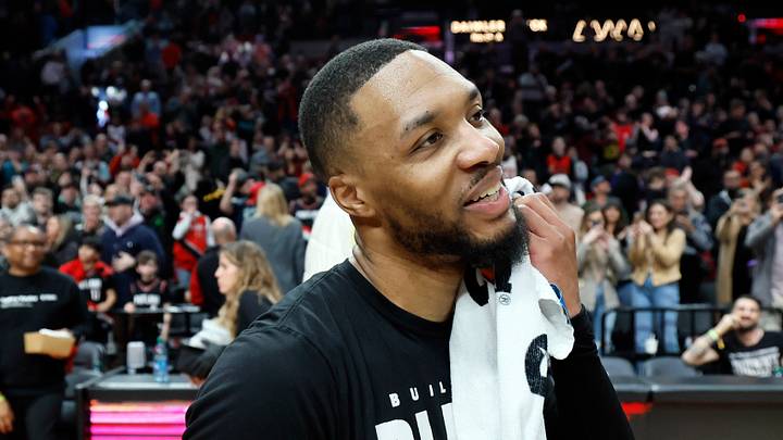 Portland Trail Blazers point guard Damian Lillard reacts after scoring 71 points against the Houston Rockets on Feb. 26, 2023, at the Moda Center in Portland. Portland Trail Blazers point guard Damian Lillard reacts after scoring 71 points against the Houston Rockets on Feb. 26, 2023, at the Moda Center in Portland.