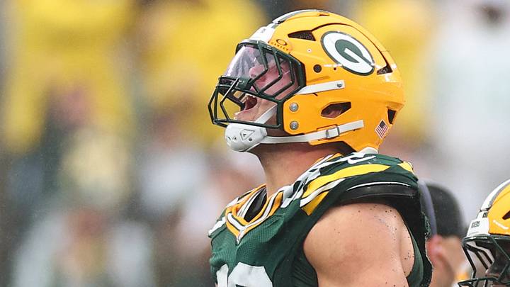 Green Bay Packers edge player Lukas Van Ness after making a stop on Sunday. Green Bay Packers edge player Lukas Van Ness after making a stop on Sunday.
