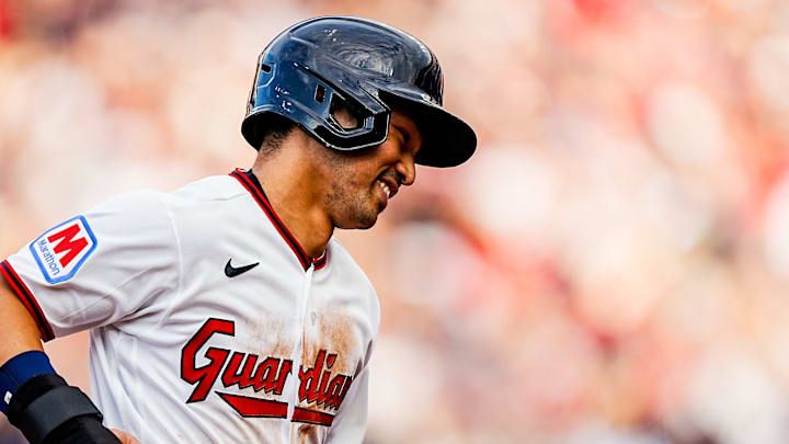 Cleveland Guardians left fielder Steven Kwan (38) rounds third base during the home opening game, April 4, 2026, at Progressive Field in Cleveland, Ohio.
