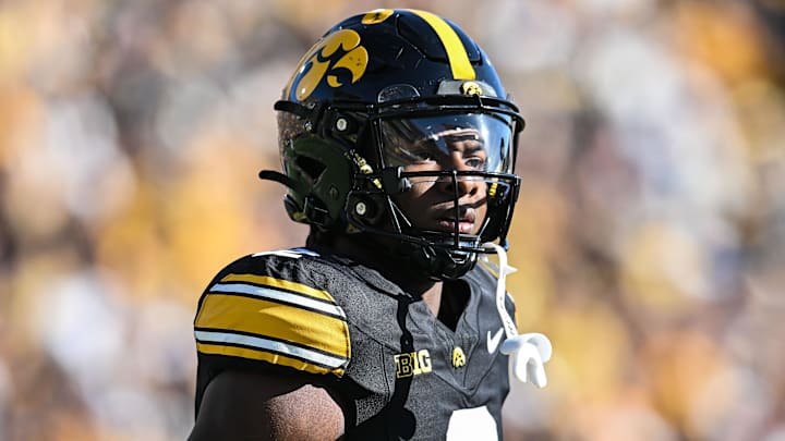 Oct 26, 2024; Iowa City, Iowa, USA; Iowa Hawkeyes running back Kaleb Johnson (2) looks on during the first quarter against the Northwestern Wildcats at Kinnick Stadium. Mandatory Credit: Jeffrey Becker-Imagn Images