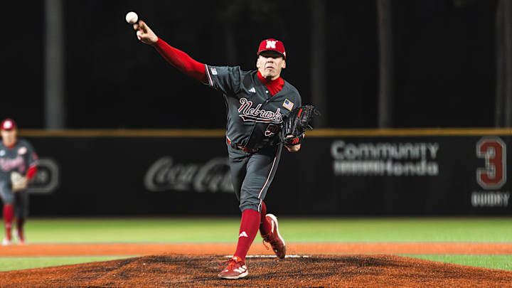 Nebraska pitcher Maxon McConnaughey delivers against Louisiana on Feb. 21, 2025.