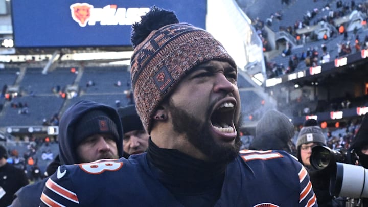 Dec 14, 2025; Chicago, Illinois, USA; Chicago Bears quarterback Caleb Williams (18) celebrates after defeating the Cleveland Browns at Soldier Field. Mandatory Credit: Matt Marton-Imagn Images