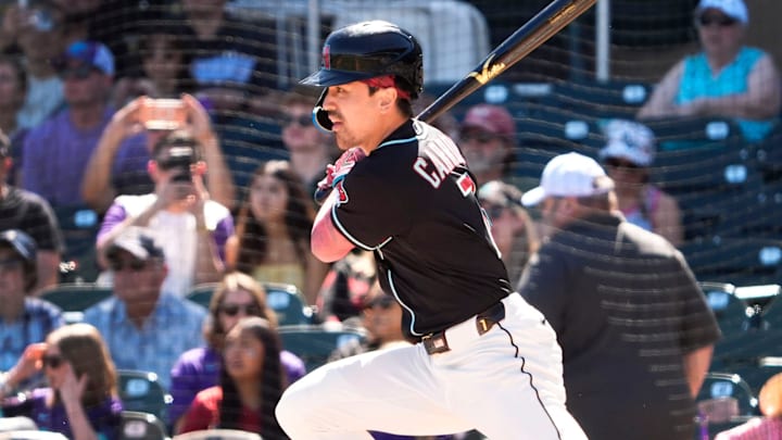 Arizona Diamondbacks Corbin Carroll (7) grounds out against the Athletics during a spring training game in the first inning on March 11, 2026, at Salt River Fields in Scottsdale.
