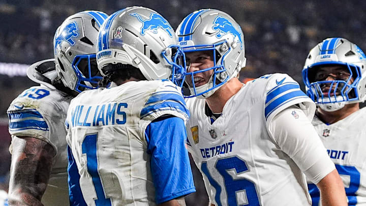Detroit Lions wide receiver Jameson Williams (1) celebrates a touchdown against Washington Commanders Detroit Lions wide receiver Jameson Williams (1) celebrates a touchdown against Washington Commanders