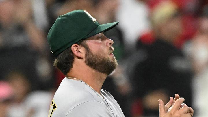 Jul 10, 2026; Chicago, Illinois, USA; Athletics pitcher Mason Barnett (63) looks on after the Chicago White Sox score during the seventh inning at Rate Field. Mandatory Credit: Matt Marton-Imagn Images Jul 10, 2026; Chicago, Illinois, USA; Athletics pitcher Mason Barnett (63) looks on after the Chicago White Sox score during the seventh inning at Rate Field. Mandatory Credit: Matt Marton-Imagn Images
