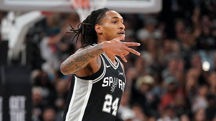 May 28, 2026; San Antonio, Texas, USA; San Antonio Spurs guard Devin Vassell (24) reacts after making a three point basket in the first half during game six of the western conference finals for the 2026 NBA playoffs at Frost Bank Center. Mandatory Credit: Dustin Safranek-Imagn Images