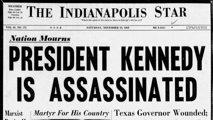 The front page of the Indianapolis Star, Nov. 23, 1963, in the wake of President John F. Kennedy's assassination in Dallas.