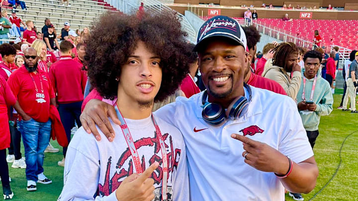 Arkansas Razorbacks safety commit Tay Lockett stands with defensive coordinator Travis Williams prior to a game against LSU during 2024 season. Arkansas Razorbacks safety commit Tay Lockett stands with defensive coordinator Travis Williams prior to a game against LSU during 2024 season.