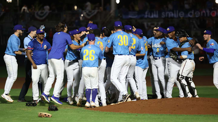 Amarillo Sod Poodles celebrate their championship after a Texas League Championship game against the Arkansas Travelers, Wednesday night, September 27, 2023, at Hodgetown, in Amarillo, Texas. The Amarillo Sod Poodles won 9-1.