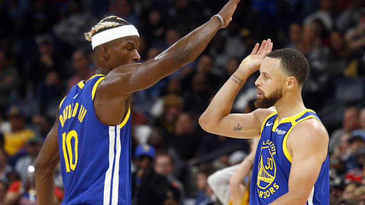 Apr 1, 2025; Memphis, Tennessee, USA; Golden State Warriors forward Jimmy Butler III (10) reacts with guard Stephen Curry (30) during the fourth quarter against the Memphis Grizzlies at FedExForum. Mandatory Credit: Petre Thomas-Imagn Images Apr 1, 2025; Memphis, Tennessee, USA; Golden State Warriors forward Jimmy Butler III (10) reacts with guard Stephen Curry (30) during the fourth quarter against the Memphis Grizzlies at FedExForum. Mandatory Credit: Petre Thomas-Imagn Images