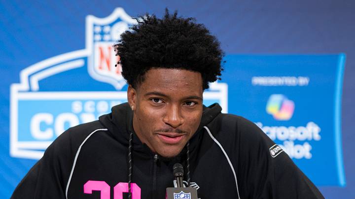 Feb 26, 2026; Indianapolis, IN, USA; Toledo defensive back Avery Smith (DB30) speaks to members of the media during the NFL Combine at the Indiana Convention Center. Mandatory Credit: Jacob Musselman-Imagn Images