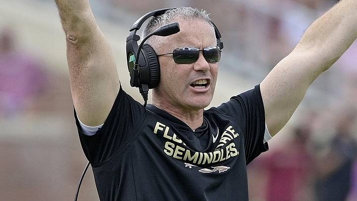 Oct 11, 2025; Tallahassee, Florida, USA; Florida State Seminoles head coach Mike Norvell during the second half against the Pittsburgh Panthers at Doak S. Campbell Stadium. Mandatory Credit: Melina Myers-Imagn Images