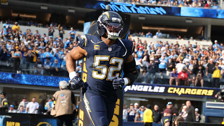 Dec 27, 2025; Inglewood, California, USA; Los Angeles Chargers linebacker Khalil Mack (52) takes the field prior to a game against the Houston Texans at SoFi Stadium. Mandatory Credit: Kiyoshi Mio-Imagn Images