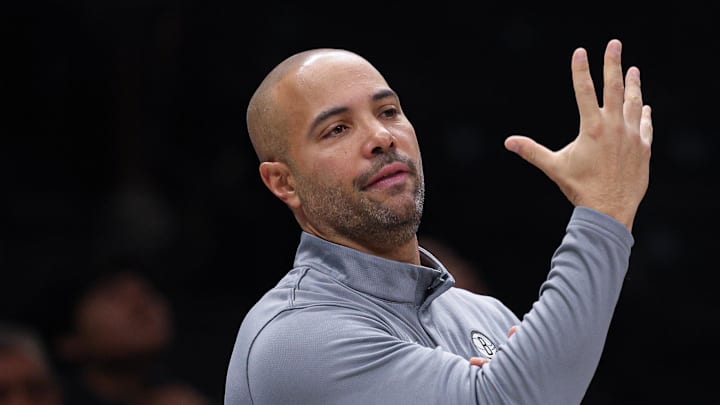 Dec 6, 2025; Brooklyn, New York, USA; Brooklyn Nets head coach Jordi Fernandez reacts during the first quarter against the New Orleans Pelicans at Barclays Center. Mandatory Credit: Vincent Carchietta-Imagn Images