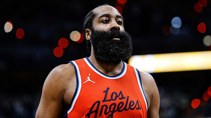 Apr 21, 2025; Denver, Colorado, USA; Los Angeles Clippers guard James Harden (1) in the third quarter against the Denver Nuggets during game two of first round for the 2025 NBA Playoffs at Ball Arena. Mandatory Credit: Isaiah J. Downing-Imagn Images