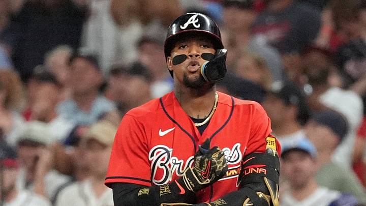 Atlanta Braves outfielder Ronald Acuna Jr. (13) reacts