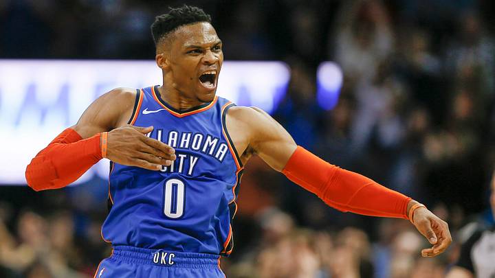 Mar 13, 2019; Oklahoma City, OK, USA; Oklahoma City Thunder guard Russell Westbrook (0) celebrates after scoring against the Brooklyn Nets during the second half at Chesapeake Energy Arena. Mandatory Credit: Alonzo Adams-USA TODAY Sports Mar 13, 2019; Oklahoma City, OK, USA; Oklahoma City Thunder guard Russell Westbrook (0) celebrates after scoring against the Brooklyn Nets during the second half at Chesapeake Energy Arena. Mandatory Credit: Alonzo Adams-USA TODAY Sports