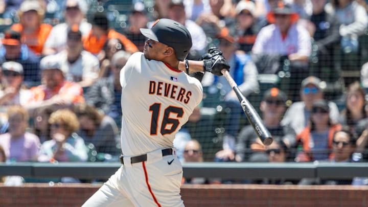 Jun 19, 2025; San Francisco, California, USA; San Francisco Giants infielder Rafael Devers (16) takes a big swing during the first inning against the Cleveland Guardians at Oracle Park. 