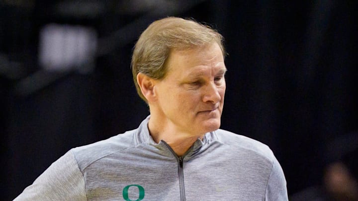 Oregon head coach Dana Altman reacts as the Oregon Ducks host the USC Trojans at Matthew Knight Arena in Eugene, Oregon on Dec. 2, 2025. Oregon head coach Dana Altman reacts as the Oregon Ducks host the USC Trojans at Matthew Knight Arena in Eugene, Oregon on Dec. 2, 2025.