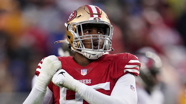 Dec 11, 2022; Santa Clara, California, USA; San Francisco 49ers defensive end Drake Jackson (95) celebrates after the 49ers made a defensive stop on fourth down against the Tampa Bay Buccaneers in the fourth quarter at Levi's Stadium. Mandatory Credit: Cary Edmondson-Imagn Images Dec 11, 2022; Santa Clara, California, USA; San Francisco 49ers defensive end Drake Jackson (95) celebrates after the 49ers made a defensive stop on fourth down against the Tampa Bay Buccaneers in the fourth quarter at Levi's Stadium. Mandatory Credit: Cary Edmondson-Imagn Images