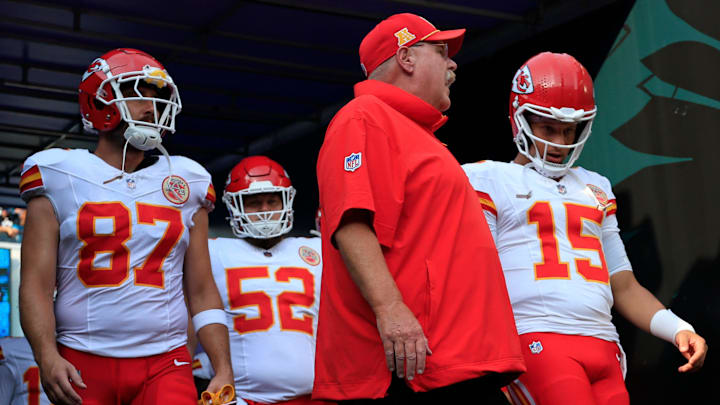Kansas City Chiefs head coach Andy Reid, center, talks to quarterback Patrick Mahomes (15) next to tight end Travis Kelce (87) before a preseason NFL football game Saturday, Aug. 10, 2024 at EverBank Stadium in Jacksonville, Fla. The Jacksonville Jaguars defeated the Kansas City Chiefs 26-13. [Corey Perrine/Florida Times-Union]