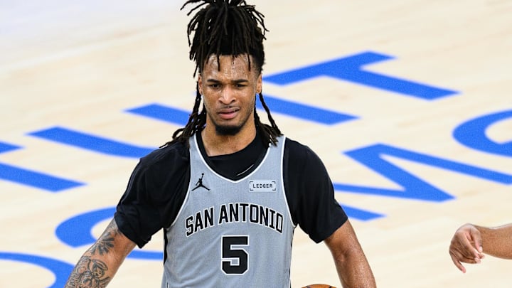 Apr 2, 2026; Inglewood, California, USA; San Antonio Spurs guard Stephon Castle (5) reacts after being called for a foul during the first half against the Los Angeles Clippers at Intuit Dome. Mandatory Credit: William Liang-Imagn Images