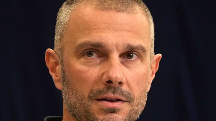 Feb 25, 2025; Indianapolis, IN, USA; Las Vegas Raiders general manager John Spytek speaks during the NFL Scouting Combine at the Indiana Convention Center. Mandatory Credit: Kirby Lee-Imagn Images