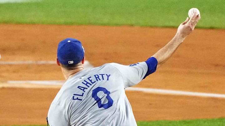 Oct 30, 2024; New York, New York, USA; Los Angeles Dodgers pitcher Jack Flaherty (0) pitches during the first inning against the Los Angeles Dodgers in game four of the 2024 MLB World Series at Yankee Stadium.