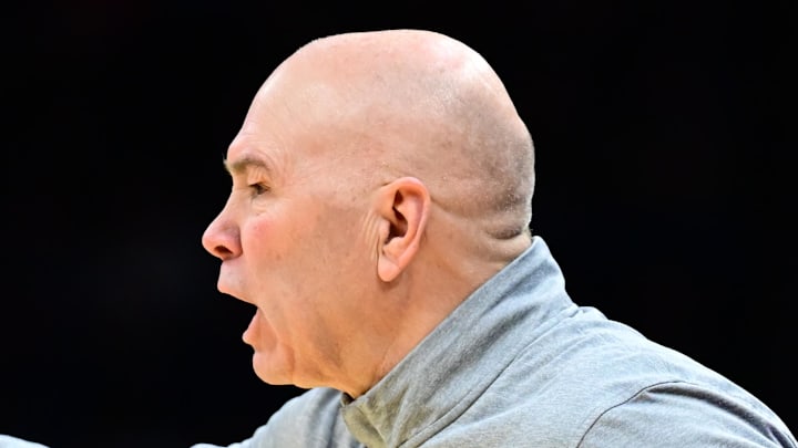 Mar 21, 2025; Cleveland, OH, USA; St. Mary's Gaels head coach Randy Bennett reacts in the first half against the Vanderbilt Commodores at Rocket Arena. Mandatory Credit: Ken Blaze-Imagn Images