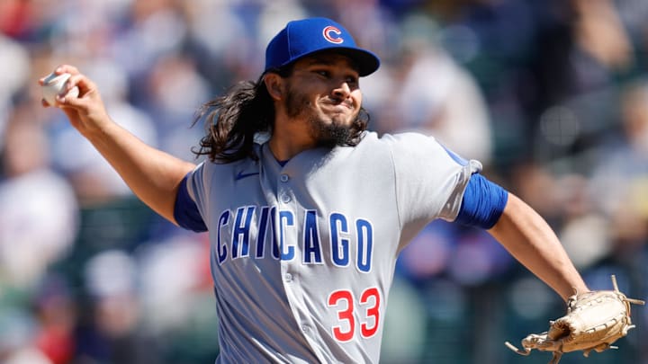 Apr 2, 2025; West Sacramento, California, USA; Chicago Cubs pitcher Eli Morgan (33) throws a pitch during the ninth inning against the Athletics at Sutter Health Park. Mandatory Credit: Sergio Estrada-Imagn Images