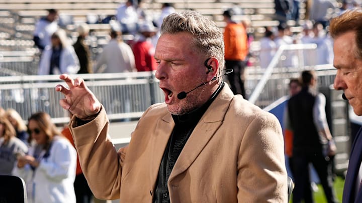 Pat McAfee mimics the lion roar sound effect through the PA system on the ESPN College Gameday set prior to the NCAA football game between the Penn State Nittany Lions and the Ohio State Buckeyes at Beaver Stadium in University Park, Pa. on Saturday, Nov. 2, 2024.