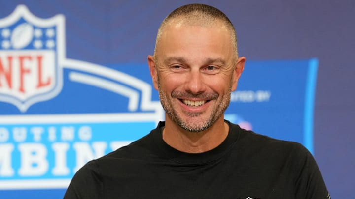 Feb 24, 2026; Indianapolis, IN, USA; Las Vegas Raiders general manager John Spytek speaks at the NFL Scouting Combine at the Indiana Convention Center. Mandatory Credit: Kirby Lee-Imagn Images