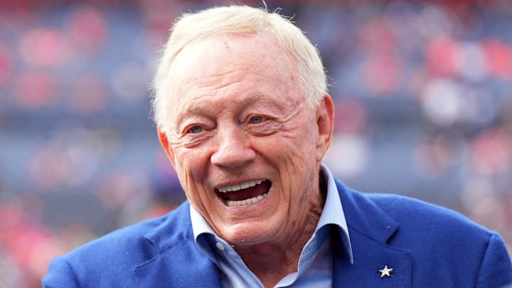 Oct 26, 2025; Denver, Colorado, USA; Dallas Cowboys owner Jerry Jones looks on before the game against the Denver Broncos at Empower Field at Mile High. Mandatory Credit: Ron Chenoy-Imagn Images