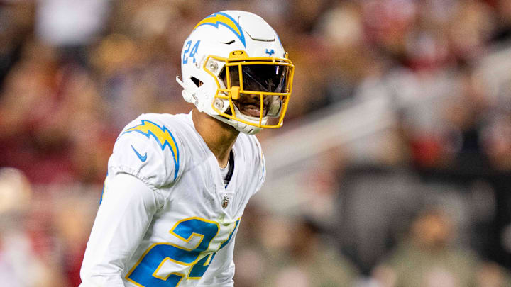 November 13, 2022; Santa Clara, California, USA; Los Angeles Chargers safety Nasir Adderley (24) during the first quarter against the San Francisco 49ers at Levi's Stadium. Mandatory Credit: Kyle Terada-Imagn Images