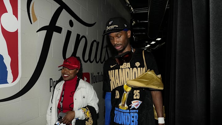 Jun 22, 2025; Oklahoma City, Oklahoma, USA; Oklahoma City Thunder guard Shai Gilgeous-Alexander (2) after winning game seven of the 2025 NBA Finals against the Indiana Pacers at Paycom Center. Mandatory Credit: Kyle Terada-Imagn Images