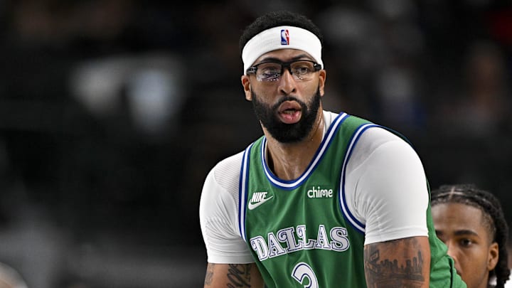 Oct 26, 2025; Dallas, Texas, USA; Dallas Mavericks forward Anthony Davis (3) controls the ball during the game between the Mavericks and the Raptors at the American Airlines Center. Mandatory Credit: Jerome Miron-Imagn Images