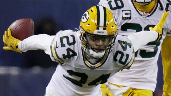 Green Bay Packers cornerback Carrington Valentine celebrates his interception during their wild card game against the Bears. Green Bay Packers cornerback Carrington Valentine celebrates his interception during their wild card game against the Bears.