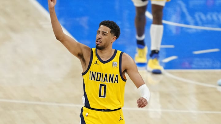 Jun 5, 2025; Oklahoma City, Oklahoma, USA; Indiana Pacers guard Tyrese Haliburton (0) reacts after a play against the Oklahoma City Thunder during the fourth quarter in game one of the 2025 NBA Finals at Paycom Center. Mandatory Credit: Kyle Terada-Imagn Images
