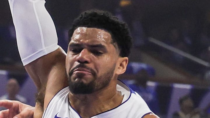 Detroit Pistons forward Tobias Harris (12) is fouled by Orlando Magic center Goga Bitadze (35) during the second quarter during game four of the first round of the 2026 NBA Playoffs at Kia Center on Apr 27, 2026.