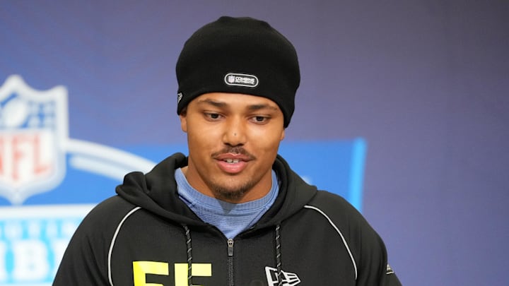 Feb 25, 2026; Indianapolis, IN, USA; Clemson defensive lineman TJ Parker (DL55) speaks during the NFL Scouting Combine at the Indiana Convention Center. Mandatory Credit: Kirby Lee-Imagn Images