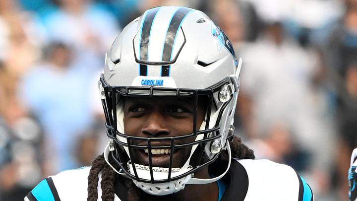 Sep 15, 2024; Charlotte, North Carolina, USA; Carolina Panthers guard Robert Hunt (50) and linebacker Jadeveon Clowney (7) before the game at Bank of America Stadium. Mandatory Credit: Bob Donnan-Imagn Images
