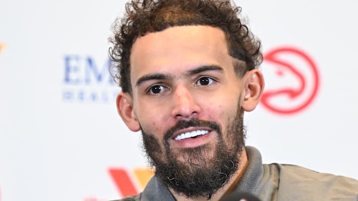 Trae Young #11 of the Atlanta Hawks speaks with reporters after facing the Chicago Bulls.